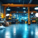 A photograph of a well-organized and visually appealing warehouse space showcasing a variety of lighting fixtures and equipment