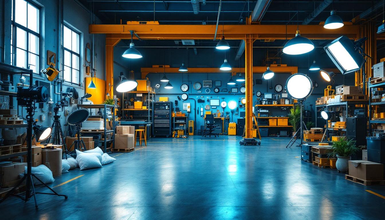A photograph of a well-organized and visually appealing warehouse space showcasing a variety of lighting fixtures and equipment