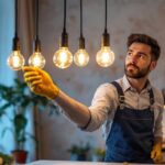 A photograph of a lighting contractor in action