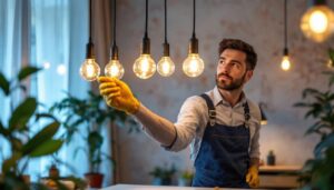 A photograph of a lighting contractor in action