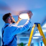 A photograph of a lighting contractor installing a stylish drop ceiling light cover in a modern commercial space