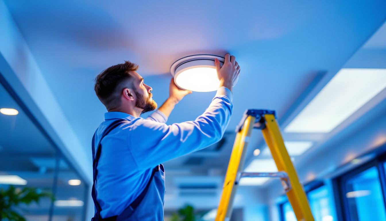 A photograph of a lighting contractor installing a stylish drop ceiling light cover in a modern commercial space