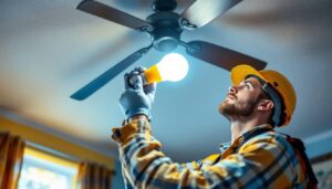 A photograph of a lighting contractor skillfully replacing an led light bulb in a ceiling fan