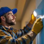 A photograph of capture a photograph of a lighting contractor installing or adjusting a motion sensor with a built-in light sensor and led light in a residential or commercial setting