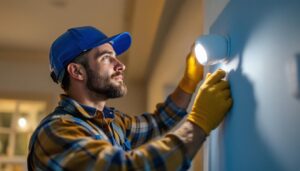 A photograph of capture a photograph of a lighting contractor installing or adjusting a motion sensor with a built-in light sensor and led light in a residential or commercial setting