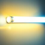 A photograph of a vibrant 8 ft fluorescent bulb illuminated in a well-lit space