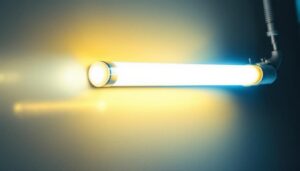 A photograph of a vibrant 8 ft fluorescent bulb illuminated in a well-lit space