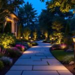A photograph of a beautifully illuminated outdoor space showcasing various types of landscape lighting