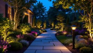 A photograph of a beautifully illuminated outdoor space showcasing various types of landscape lighting