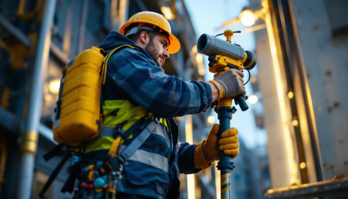 A photograph of a lighting contractor using the ligh pole system in a dynamic work environment