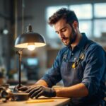 A photograph of a skilled lighting contractor inspecting a beautifully crafted usa-made lamp in a well-lit workshop