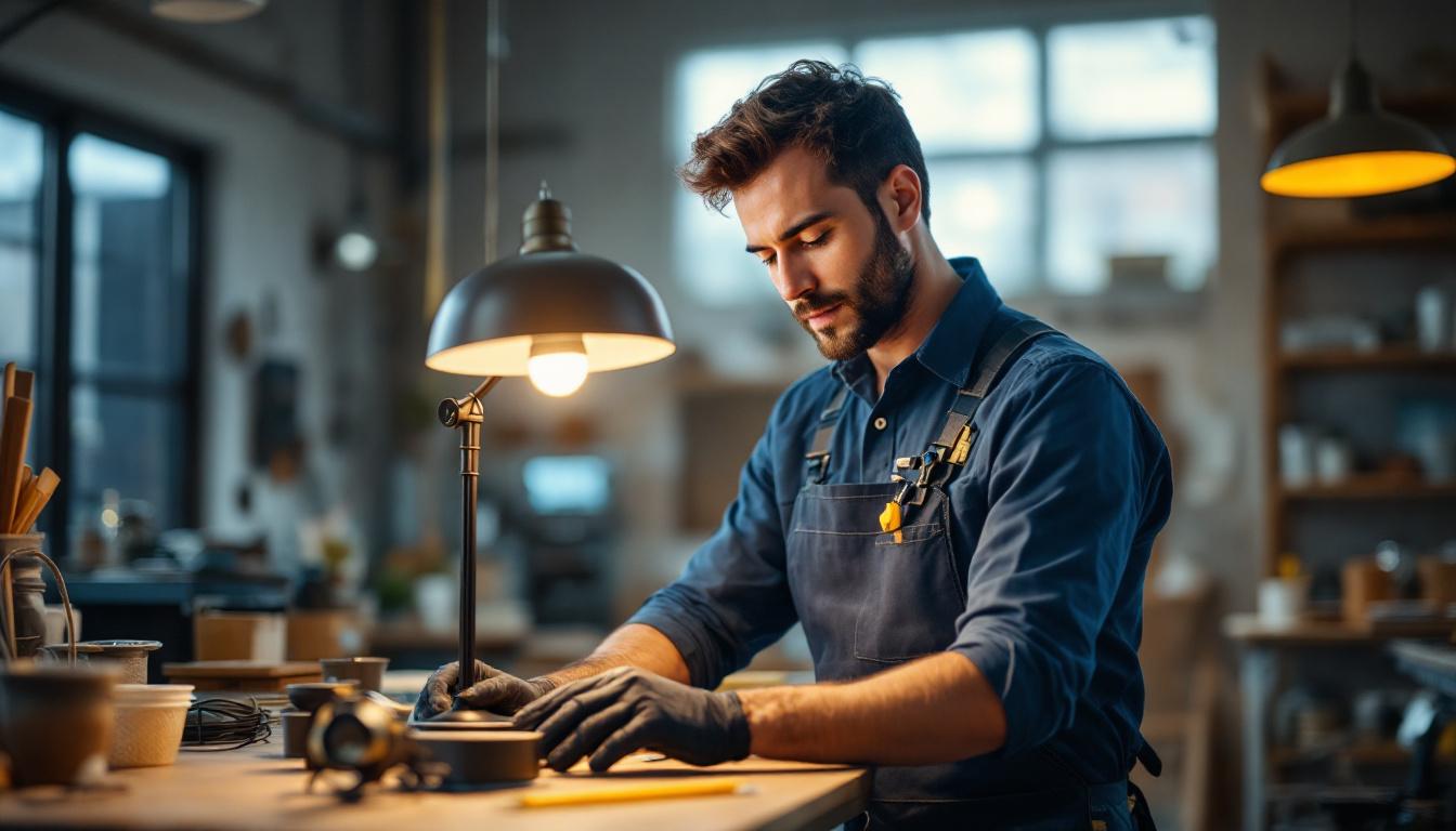 A photograph of a skilled lighting contractor inspecting a beautifully crafted usa-made lamp in a well-lit workshop