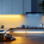 A photograph of a beautifully lit kitchen featuring stick-on under cabinet lights illuminating the countertop