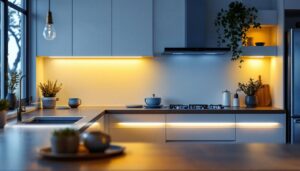 A photograph of a beautifully lit kitchen featuring stick-on under cabinet lights illuminating the countertop