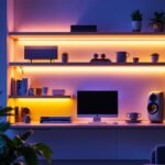 A photograph of a well-designed shelf illuminated by vibrant led strip lighting