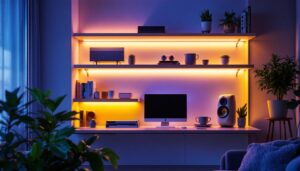 A photograph of a well-designed shelf illuminated by vibrant led strip lighting