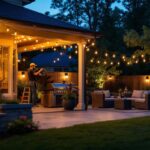 A photograph of a beautifully illuminated backyard patio at dusk