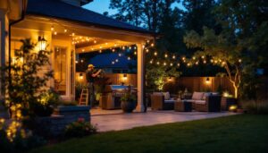 A photograph of a beautifully illuminated backyard patio at dusk