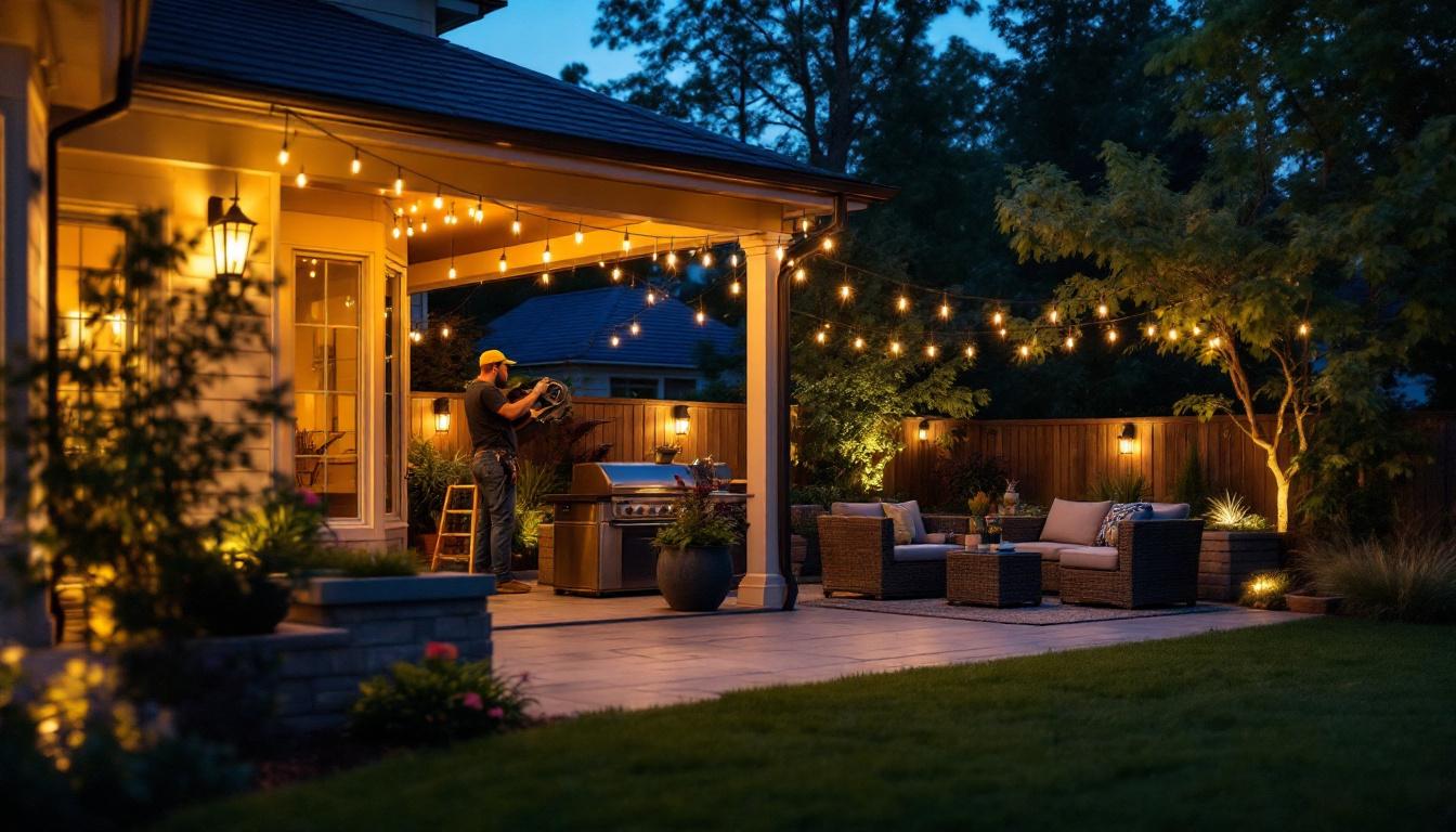 A photograph of a beautifully illuminated backyard patio at dusk