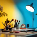 A photograph of a well-lit vanity setup featuring a stylish makeup lamp
