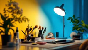 A photograph of a well-lit vanity setup featuring a stylish makeup lamp