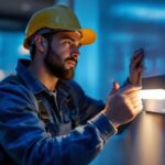 A photograph of a skilled lighting contractor expertly installing a sleek