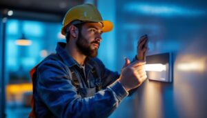 A photograph of a skilled lighting contractor expertly installing a sleek