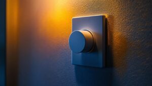 A photograph of a modern electrical switch with a timer feature installed in a stylish residential or commercial lighting setup