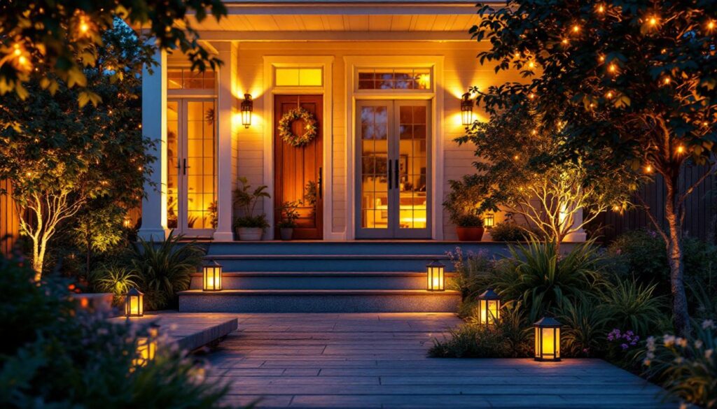 A photograph of a beautifully illuminated outdoor space featuring various styles of exterior lighting