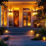 A photograph of a beautifully illuminated outdoor space featuring various styles of exterior lighting