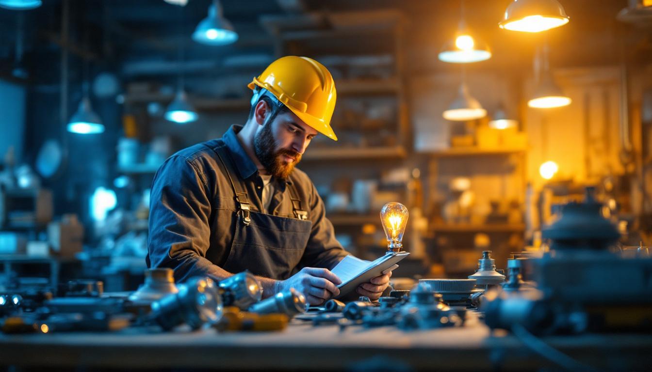 A photograph of a lighting contractor examining various types of metal halide ballasts and alternative lighting options in a well-lit workshop