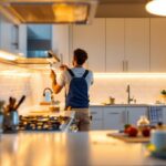 A photograph of a well-lit kitchen featuring under cabinet lighting tape in action