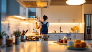 A photograph of a well-lit kitchen featuring under cabinet lighting tape in action