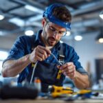 A photograph of a skilled lighting contractor expertly installing an electrical pigtail cord in a well-lit workspace