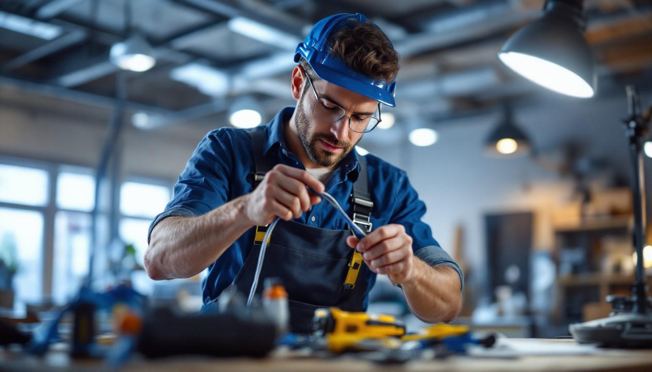 A photograph of a skilled lighting contractor expertly installing an electrical pigtail cord in a well-lit workspace
