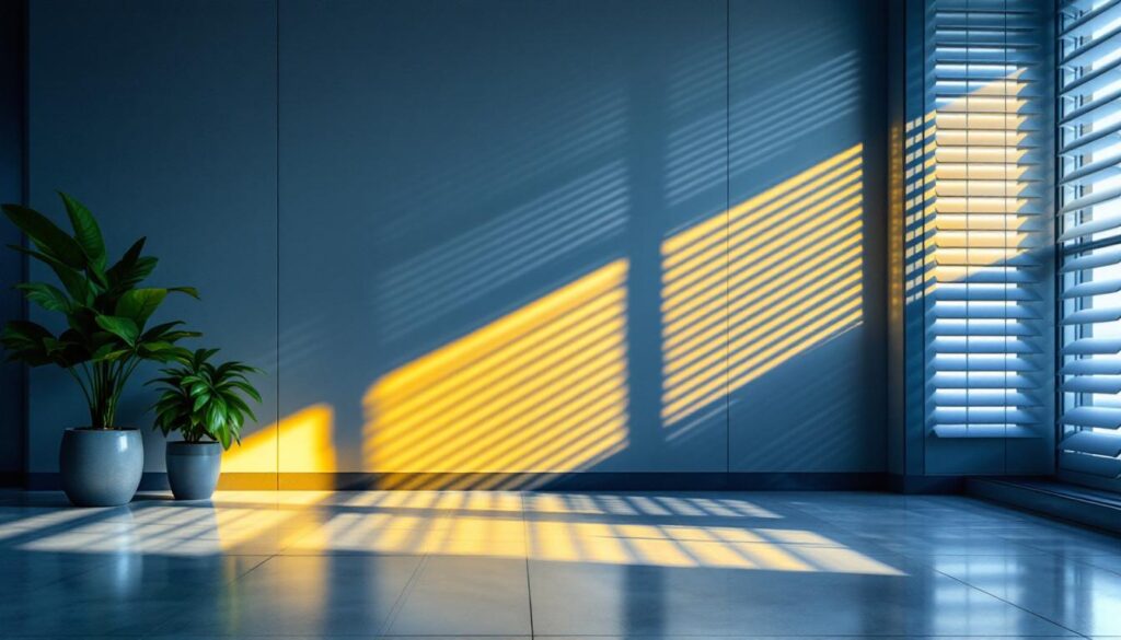 A photograph of a modern interior space featuring stylish louvers that enhance natural light