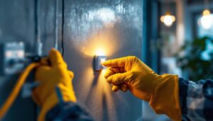 A photograph of a skilled lighting contractor installing a toggle switch in a modern setting