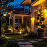 A photograph of a well-lit outdoor space showcasing various types of outdoor lights