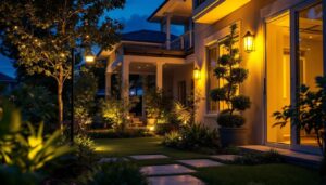 A photograph of a well-lit outdoor space showcasing various types of outdoor lights