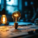 A photograph of a vintage light bulb glowing warmly in a dimly lit workspace
