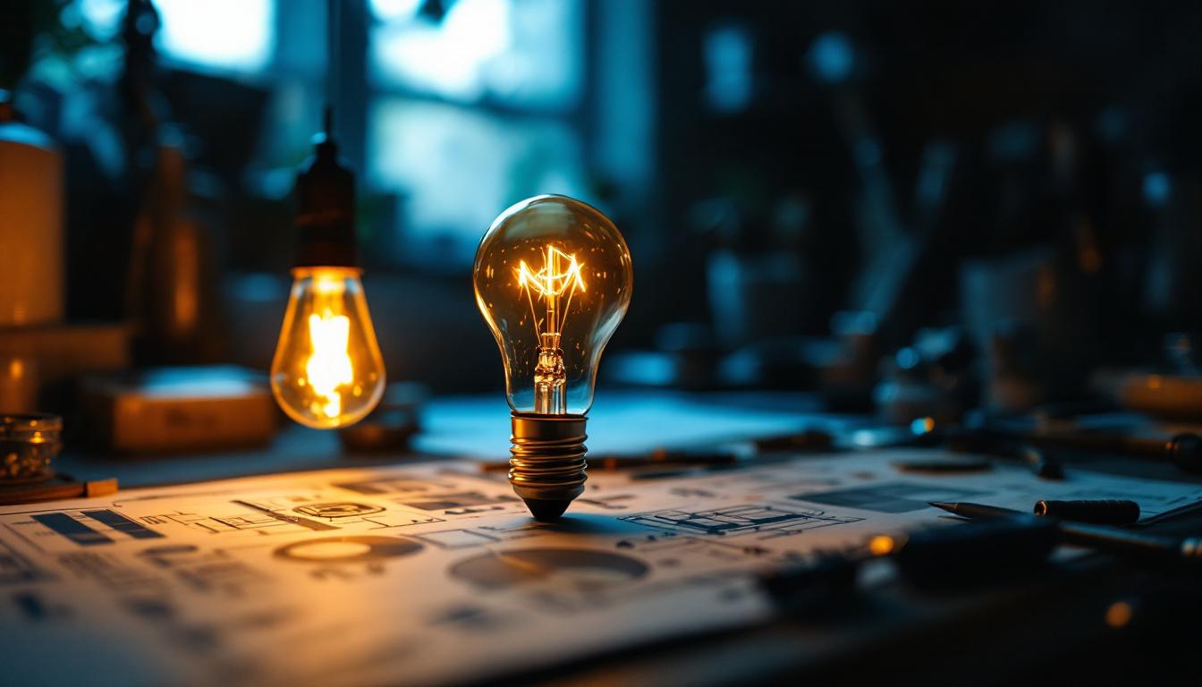 A photograph of a vintage light bulb glowing warmly in a dimly lit workspace