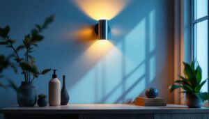 A photograph of a stylish uplight wall sconce installed in a modern interior setting