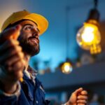 A photograph of a lighting contractor installing led light bulbs in a residential or commercial setting