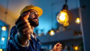 A photograph of a lighting contractor installing led light bulbs in a residential or commercial setting