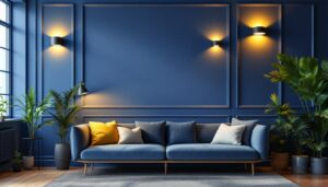 A photograph of a stylish interior setting featuring various types of sconces in use