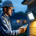 A photograph of a professional lighting contractor installing an led motion sensor floodlight in an outdoor setting