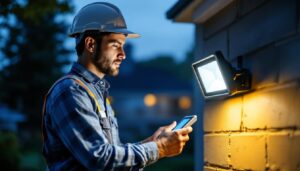 A photograph of a professional lighting contractor installing an led motion sensor floodlight in an outdoor setting