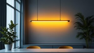 A photograph of a stylish long pendant light hanging elegantly in a modern interior setting