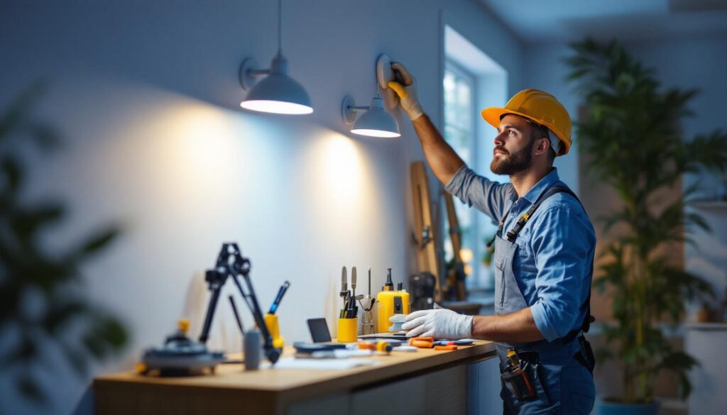 A photograph of a skilled contractor installing smart lighting solutions in a modern home