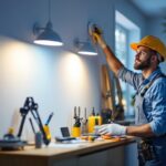 A photograph of a skilled contractor installing smart lighting solutions in a modern home